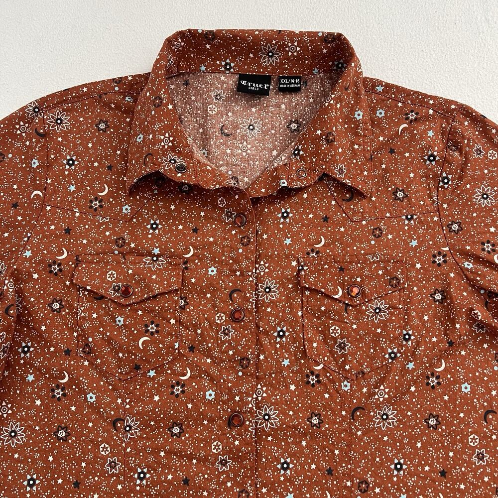 Cruel Girls Brown Celestial Floral Print Snap Western Long Sleeve Shirt XXL 14